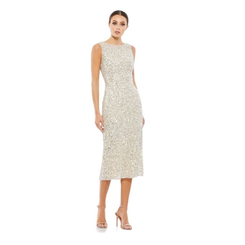 Mac Duggal NEW Size 2 Sleeveless Sequined Midi Sheath Dress 5526 Silver Nude
